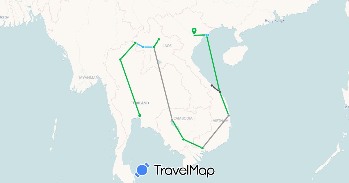 TravelMap itinerary: driving, bus, plane, boat, motorbike in Cambodia, Laos, Thailand, Vietnam (Asia)